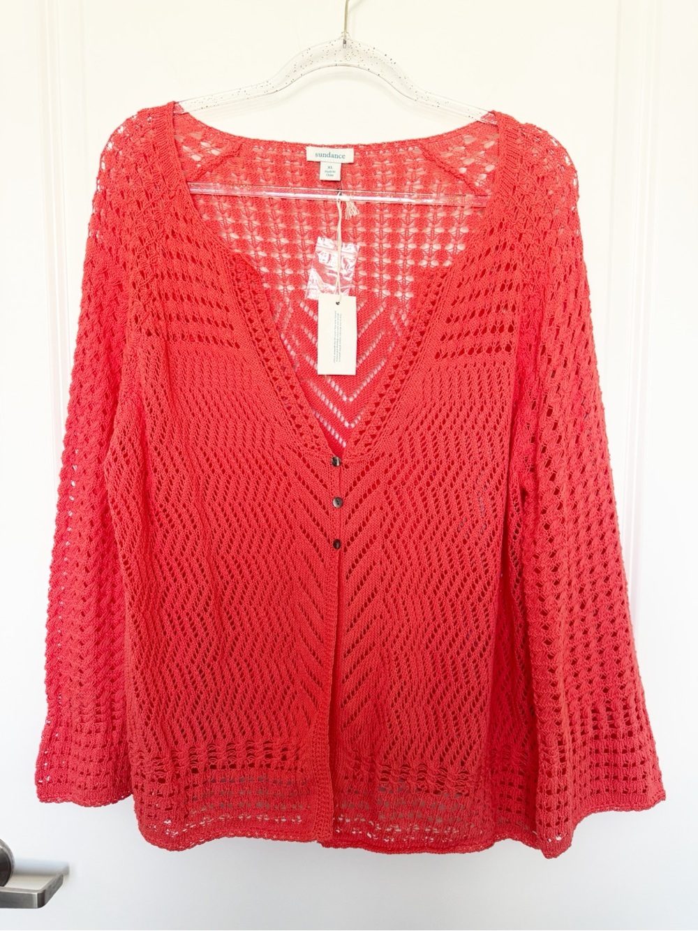 Sundance Rhodes Coral Crochet Open-Knit Button Front Cardigan NWT XL